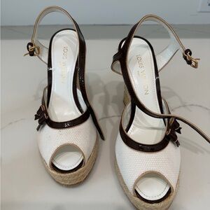 Louis Vuitton White and Brown Wedge Sandals
